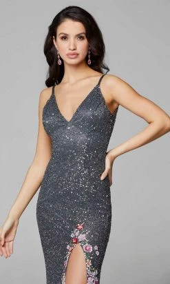 Primavera Couture - 3618 V-Neck Beaded 3D Floral Applique Hem Gown