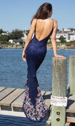 Primavera Couture - 3618 V-Neck Beaded 3D Floral Applique Hem Gown