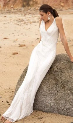 Primavera Couture - 3629 Embellished V Neck Long Sheath Dress