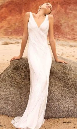 Primavera Couture - 3629 Embellished V Neck Long Sheath Dress