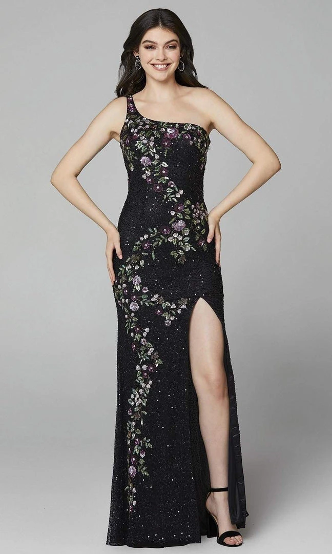 Primavera Couture - 3641 Floral One Shoulder Dress With Slit 7 Primavera Couture - 3641 Floral One Shoulder Dress With Slit