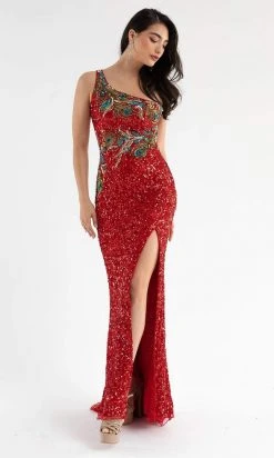 Primavera Couture - 3738 Asymmetrical Strappy Back Fully Sequined High Slit Trumpet Gown