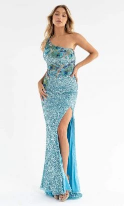Primavera Couture - 3738 Asymmetrical Strappy Back Fully Sequined High Slit Trumpet Gown