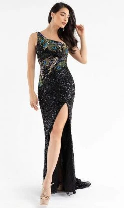 Primavera Couture - 3738 Asymmetrical Strappy Back Fully Sequined High Slit Trumpet Gown