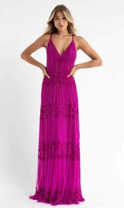 Primavera Couture - 3762 Fully-Beaded Plunging V-neck Prom Dress - 1 Pc Fuchsia In Size 8 Available Long Dresses