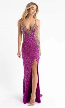 Primavera Couture - 3765 Unique Style Contrasting Sequins V Neckline Evening Gown