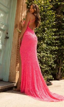 Primavera Couture - 3767 Plunging V Neckline Sequined High Slit Evening Gown