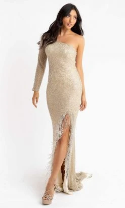 Primavera Couture - 3773 Beaded Asymmetrical One Long Sleeve Gown