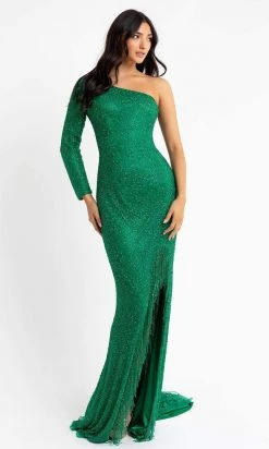 Primavera Couture - 3773 Beaded Asymmetrical One Long Sleeve Gown