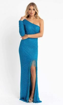Primavera Couture - 3773 Beaded Asymmetrical One Long Sleeve Gown