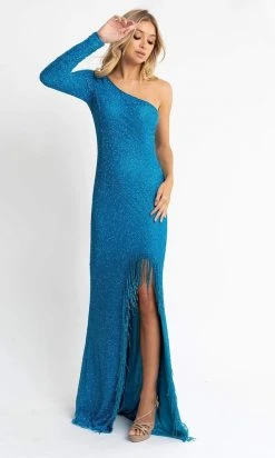 Primavera Couture - 3773 Beaded Asymmetrical One Long Sleeve Gown