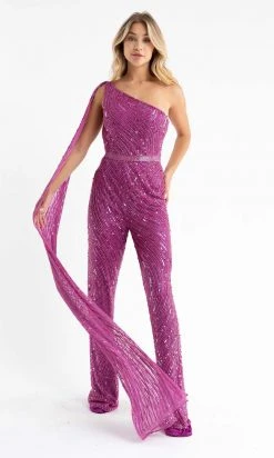 Primavera Couture - 3776 Fully Sequined One Shoulder Cape Jumpsuit Prom Dress