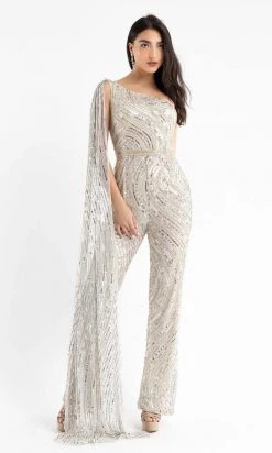 Primavera Couture - 3776 Fully Sequined One Shoulder Cape Jumpsuit Prom Dress