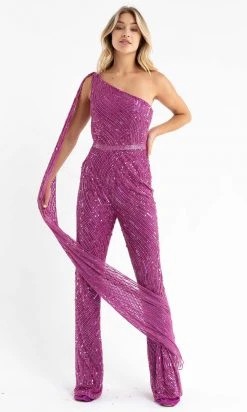 Primavera Couture - 3776 Fully Sequined One Shoulder Cape Jumpsuit Prom Dress