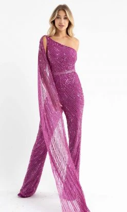 Primavera Couture - 3776 Fully Sequined One Shoulder Cape Jumpsuit Prom Dress