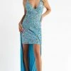 Primavera Couture - 3781 Floral Sequined Split Overlay Long Dress