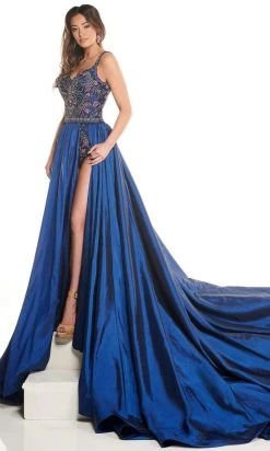 Rachel Allan - 50005 Embellished V Neck Dress With A-Line Overlay