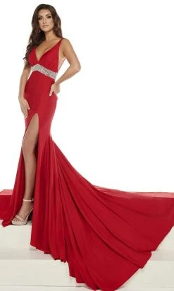 Rachel Allan - 50008 Plunging V Neck Jersey Trumpet Dress