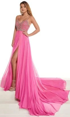 Rachel Allan - 50010 Beaded V Neck Pleated A-Line Dress With Slit