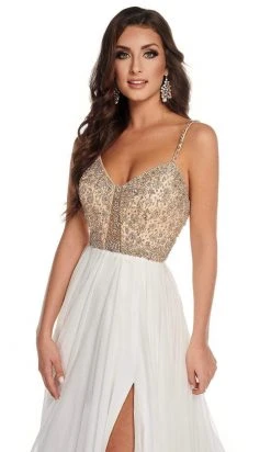 Rachel Allan - 50010 Beaded V Neck Pleated A-Line Dress With Slit