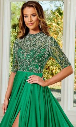 Rachel Allan 50149 - Bejeweled Quarter Length Sleeves Long Gown