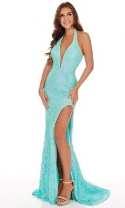 Rachel Allan - 70041 Sequined Plunging Halter High Slit Gown 9 Rachel Allan - 70041 Sequined Plunging Halter High Slit Gown