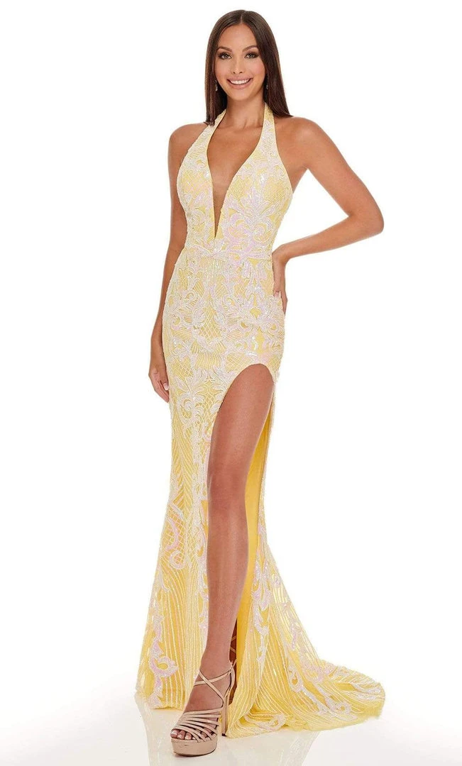 Rachel Allan - 70041 Sequined Plunging Halter High Slit Gown 3 Rachel Allan - 70041 Sequined Plunging Halter High Slit Gown