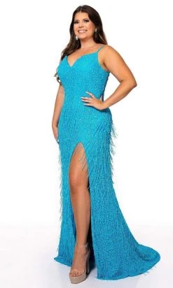Rachel Allan - 70137W V-Neck Beaded Fringe Long Dress
