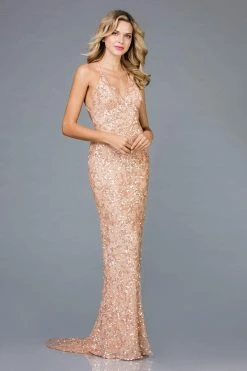 Scala - 47542 Fully Embellished Strapless V Neck Backless Sheath Dress