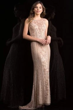 Scala - 48788 Illusion Scoop Neck Sequined Sheath Gown