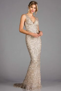 Scala - 48883 Sequined Plunging V-neck Sheath Dress With Train 12 Scala - 48883 Sequined Plunging V-neck Sheath Dress With Train