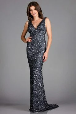 Scala - 48883 Sequined Plunging V-neck Sheath Dress With Train 11 Scala - 48883 Sequined Plunging V-neck Sheath Dress With Train