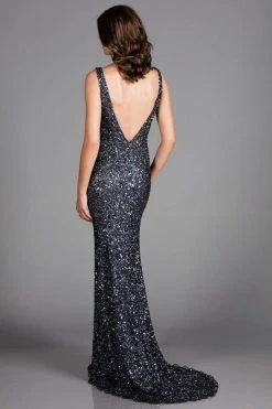 Scala - 48883 Sequined Plunging V-neck Sheath Dress With Train 10 Scala - 48883 Sequined Plunging V-neck Sheath Dress With Train