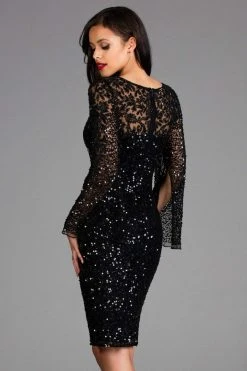 Scala - 48885 Sequined Long Bell Sleeve Fitted Dress