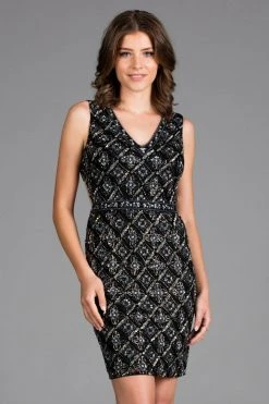 Scala - 48925 Sequined V-neck Short Fitted Dress