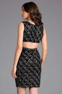 Scala - 48925 Sequined V-neck Short Fitted Dress