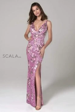 Scala - 48965 Floral Sequined Deep V-neck Sheath Dress 12 Scala - 48965 Floral Sequined Deep V-neck Sheath Dress