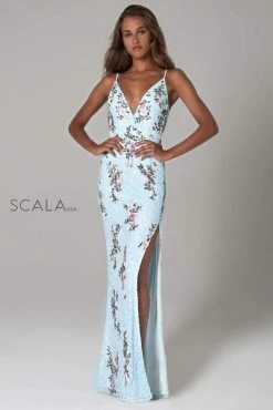 Scala - 48965 Floral Sequined Deep V-neck Sheath Dress 10 Scala - 48965 Floral Sequined Deep V-neck Sheath Dress