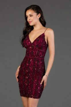 SCALA - 60047 Bedazzled Plunging V-neck Sheath Dress
