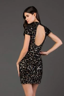 SCALA - 60067 Sequined High Neck Short Sleeve Sheath Dress
