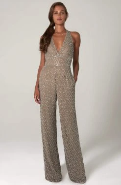 SCALA - 60132 Sleeveless V-Neck Sequined Jumpsuit