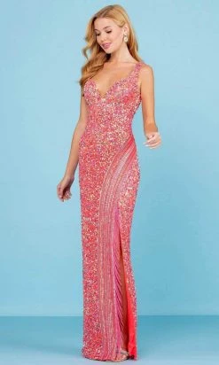 SCALA - 60259 Bead-Fringed High Slit Gown