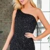 SCALA 60307 - One-Shoulder Sleeve Sequin Cocktail Dress