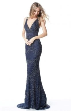 Sherri Hill - 51475 Beaded Deep V-neck Fitted Dress With Train