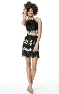 Sherri Hill - 51476 Beaded Two Piece Halter Fringe Fitted Dress