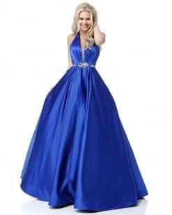 Sherri Hill - 51588 Deep V Halter Bodice Ballgown With Beaded Belt