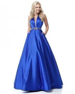Sherri Hill - 51588 Deep V Halter Bodice Ballgown With Beaded Belt