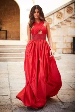 Sherri Hill - 51621 Criss Cross Halter Neck Satin Evening Gown