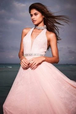 Sherri Hill - 51637 Sequined Deep Halter V-neck Chiffon A-line Dress