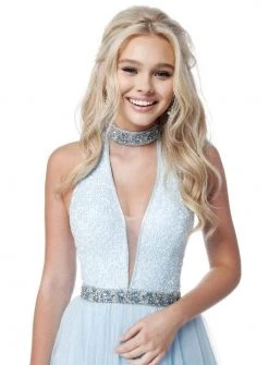 Sherri Hill - 51637 Sequined Deep Halter V-neck Chiffon A-line Dress